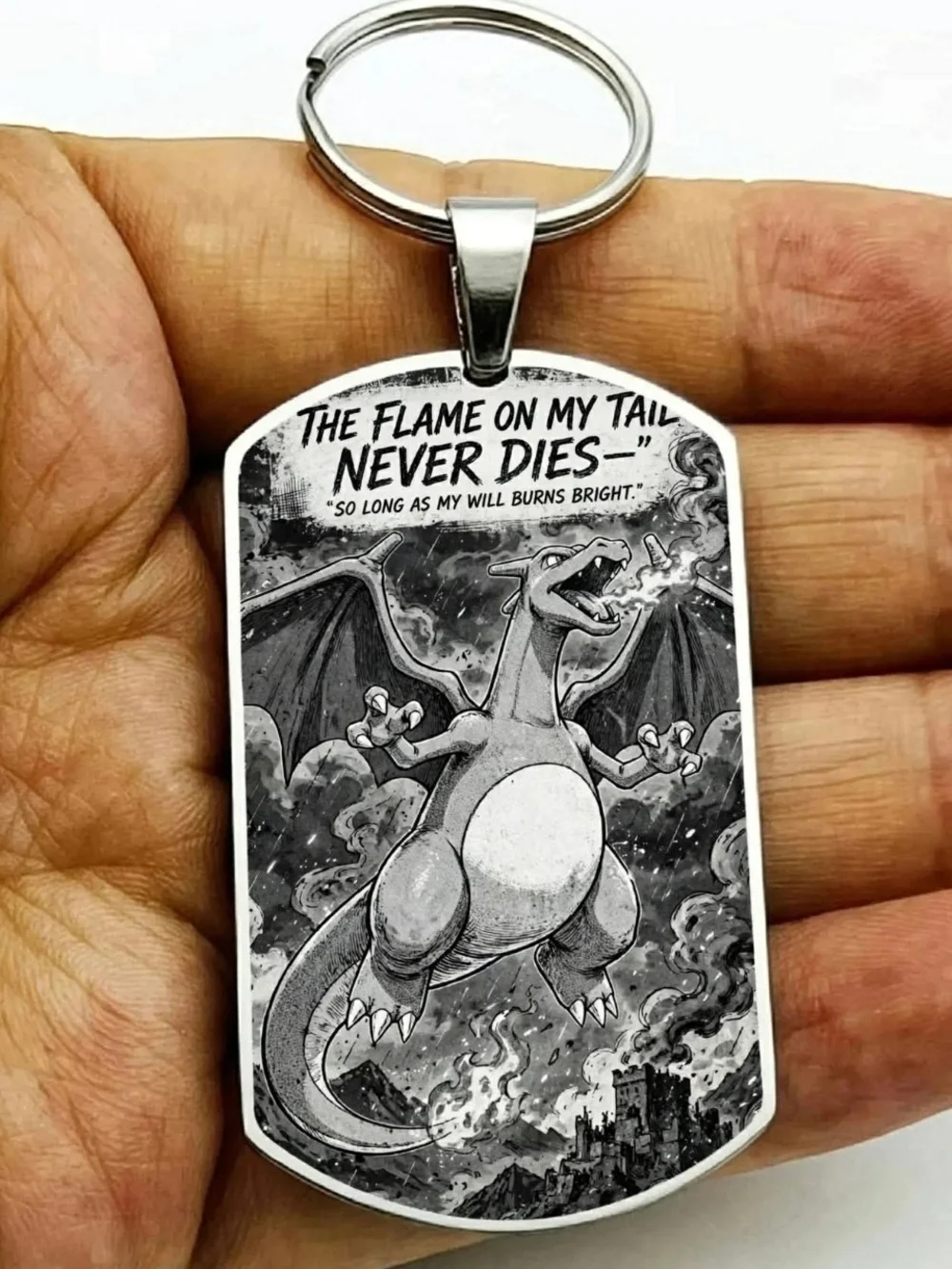 Charcoal Dragon Flame Keychain Pendant - Monochrome Pokemon